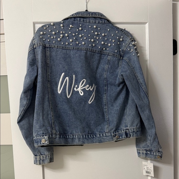 David's Bridal Jackets & Blazers - David's Bridal Blue Denim 'Wifey' Pearl Accent Jacket
